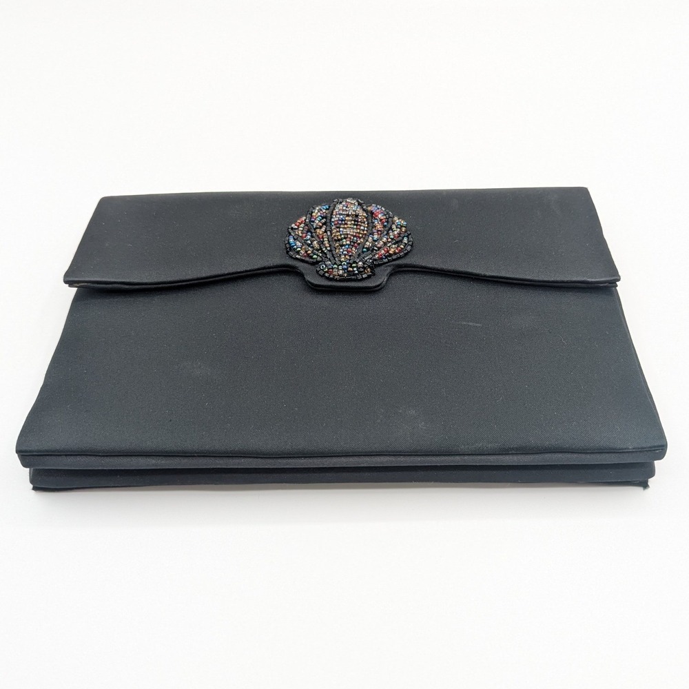 Genny Vintage Black Satin Clutch Beaded Seashell Evening Bag Made in Italy